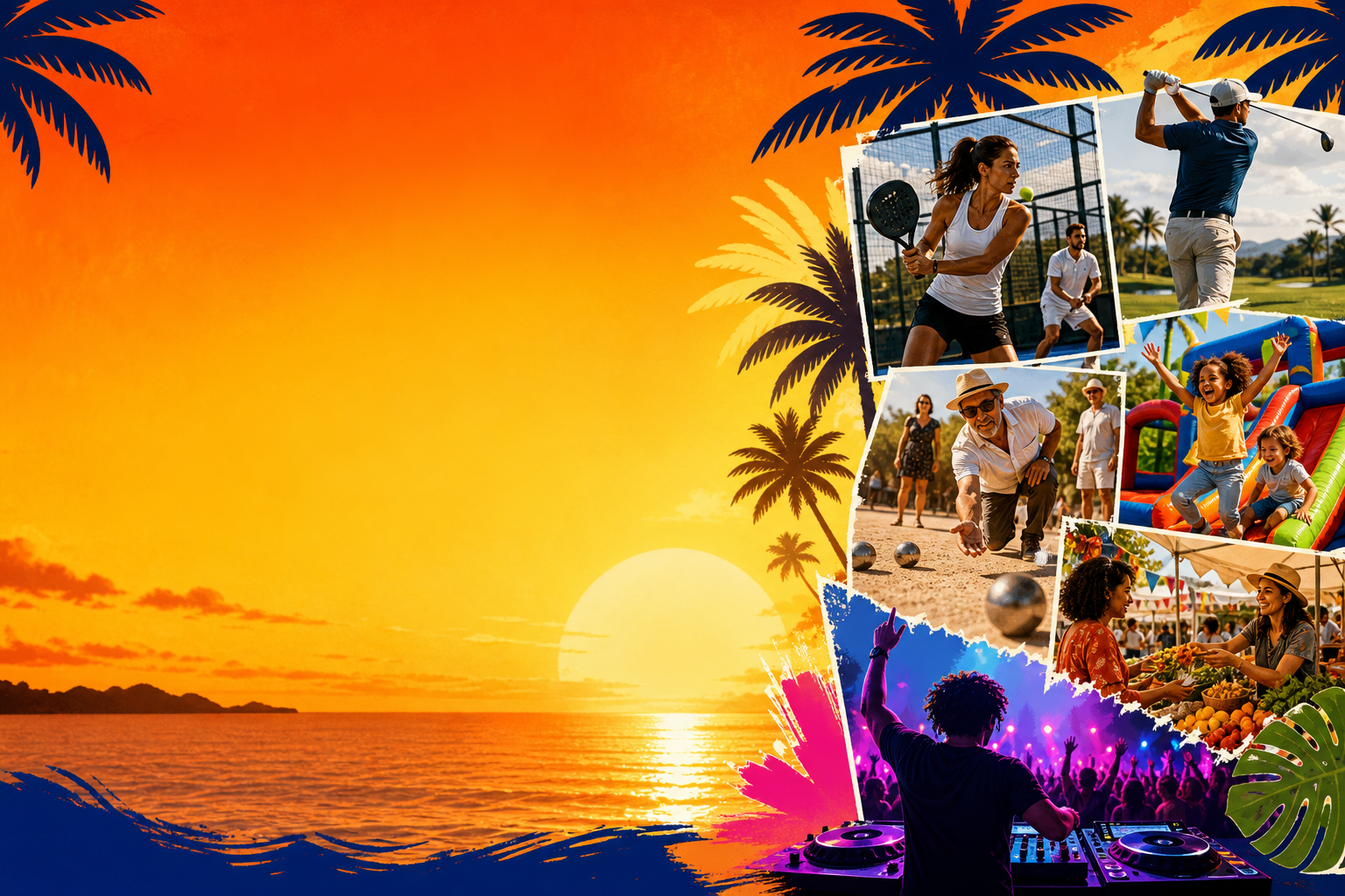 Tropical sunset collage of Fiesta sports, family activities, market stalls and music